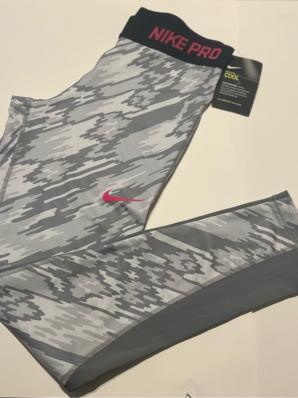 Nike Kids Gray Camo Leggings with Pink Accents